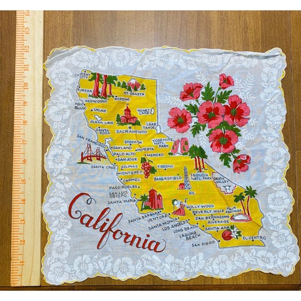 Vintage 1940s 1950s California Travel Map Floral Scalloped Hem Handkerchief 12”